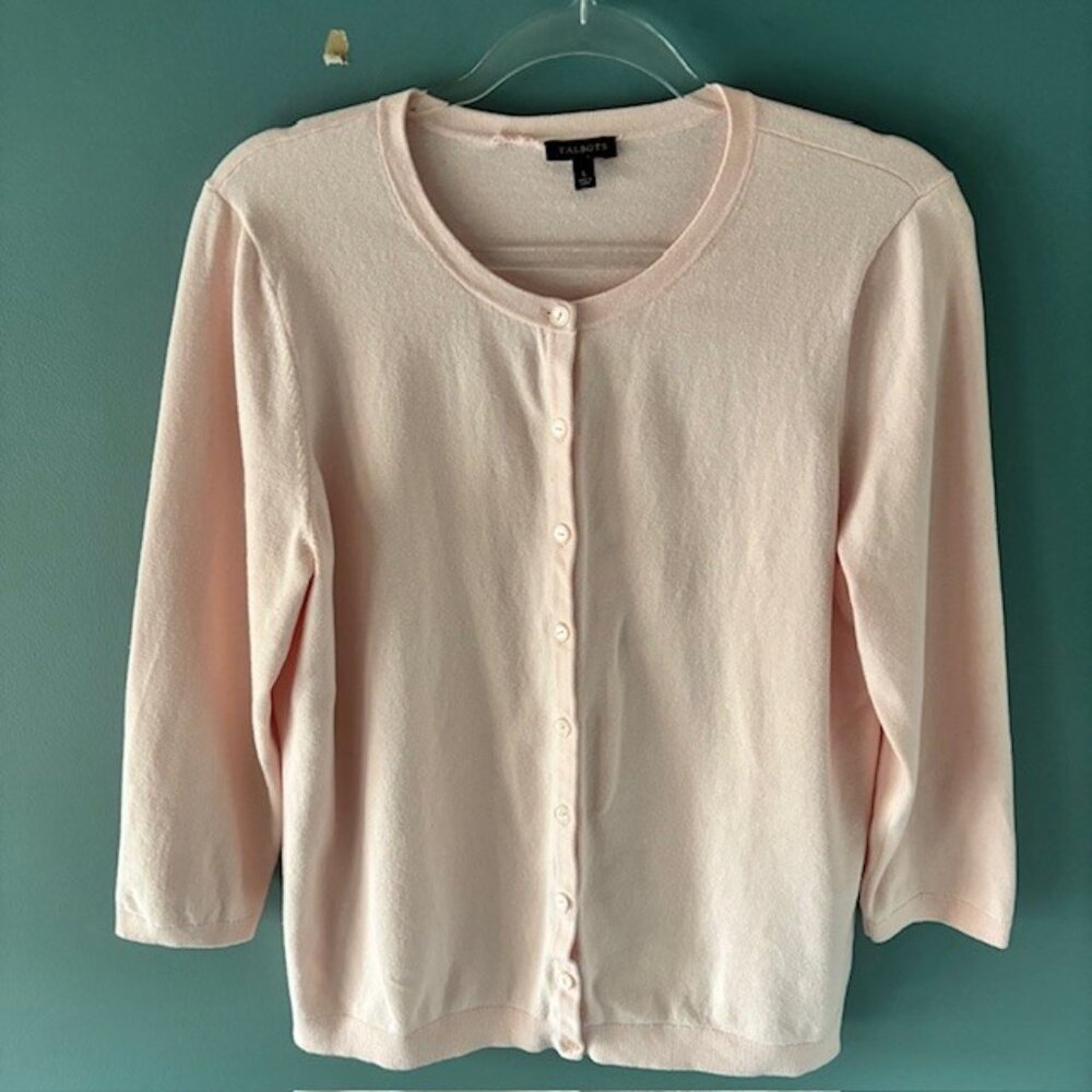 Talbots Sweater Pastel Pink L Button Front Cardigan Knit Feminine Soft Stretch